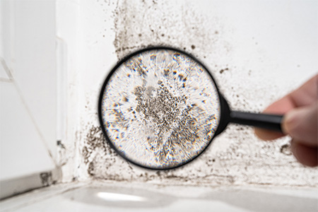 mold inspecting using a magnifying glass