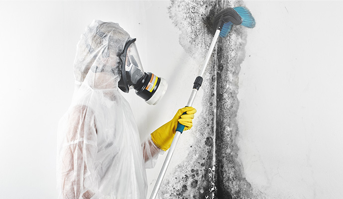 Professional worker wearing safety outfit cleaning mold 